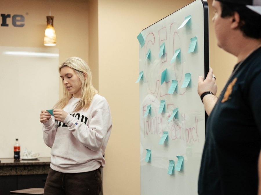 Members working through a founder feedback exercise at a Mizzou CEO workshop